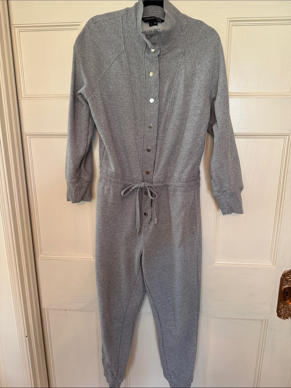 Veronica Beard Finn Light Gray Snap-Front French Terry Jumpsuit
